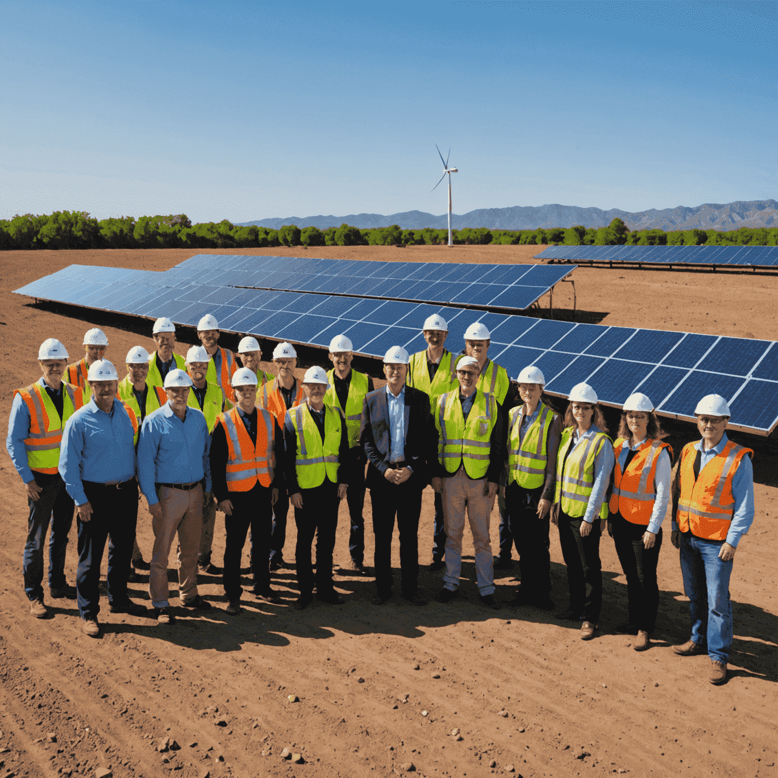 The Clean Technology team standing in front of a large solar panel array. The image shows a diverse group of professionals, including engineers, scientists, and writers, all wearing casual business attire with safety vests. In the background, rows of solar panels stretch out, symbolizing the renewable energy focus of the blog.