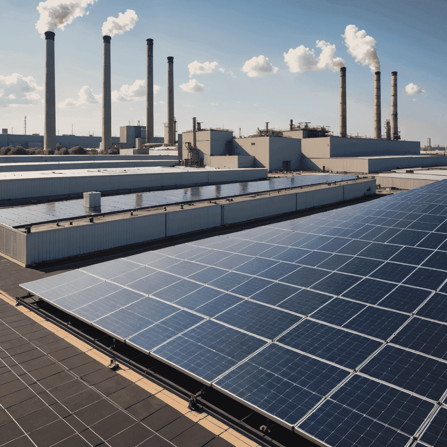 Solar panels installed on the roof of a large manufacturing facility, with smokestacks in the background showing reduced emissions