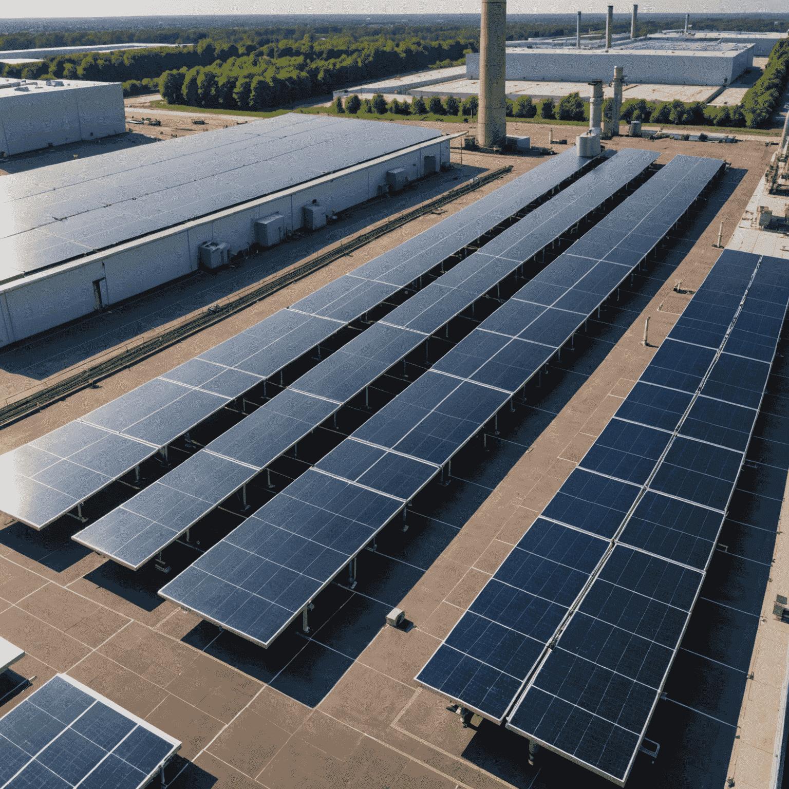 Solar panels installed on the roof of a large manufacturing facility, with smokestacks in the background showing reduced emissions