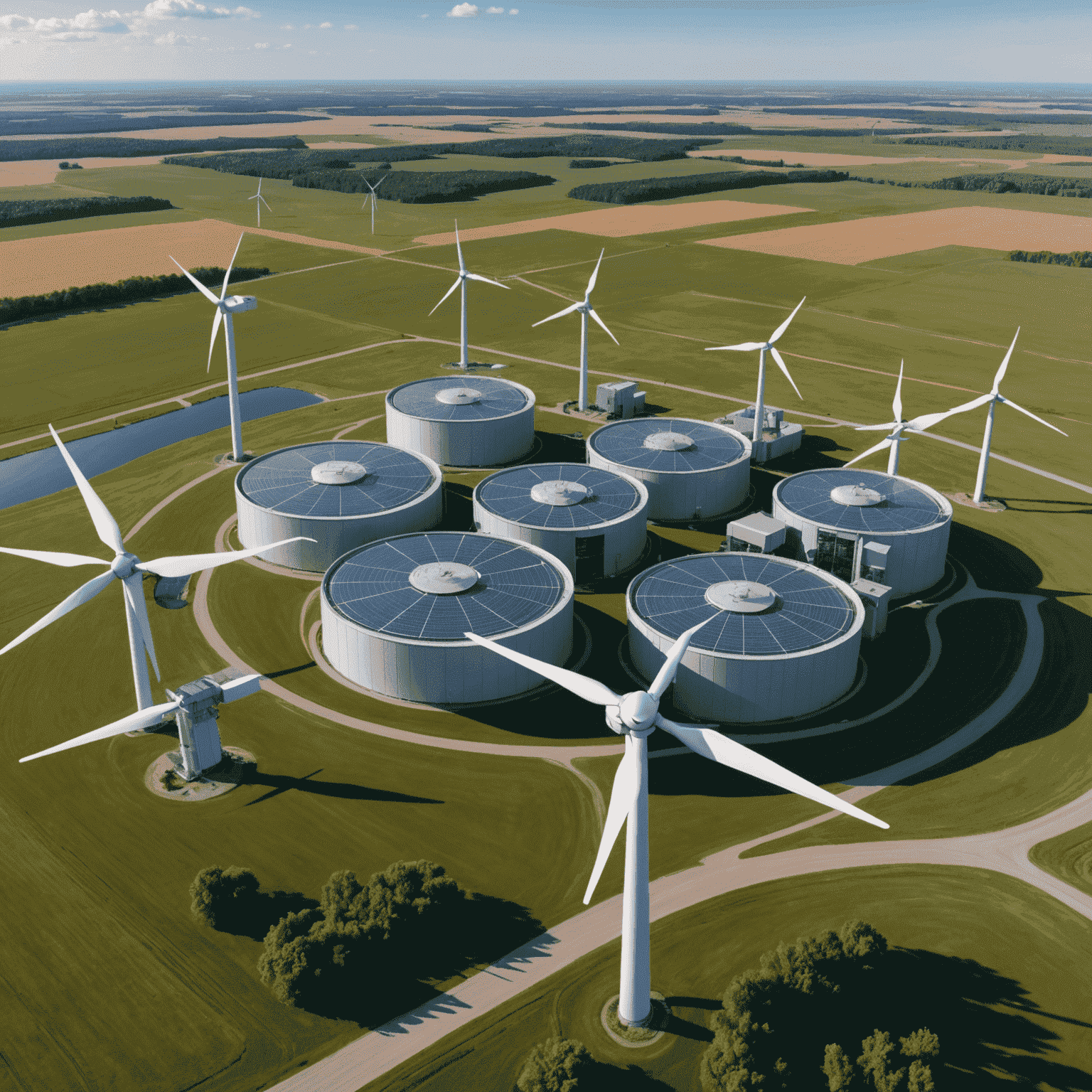 Aerial view of a large data center complex surrounded by wind turbines in a Canadian prairie landscape, showcasing the integration of wind power with modern technology infrastructure