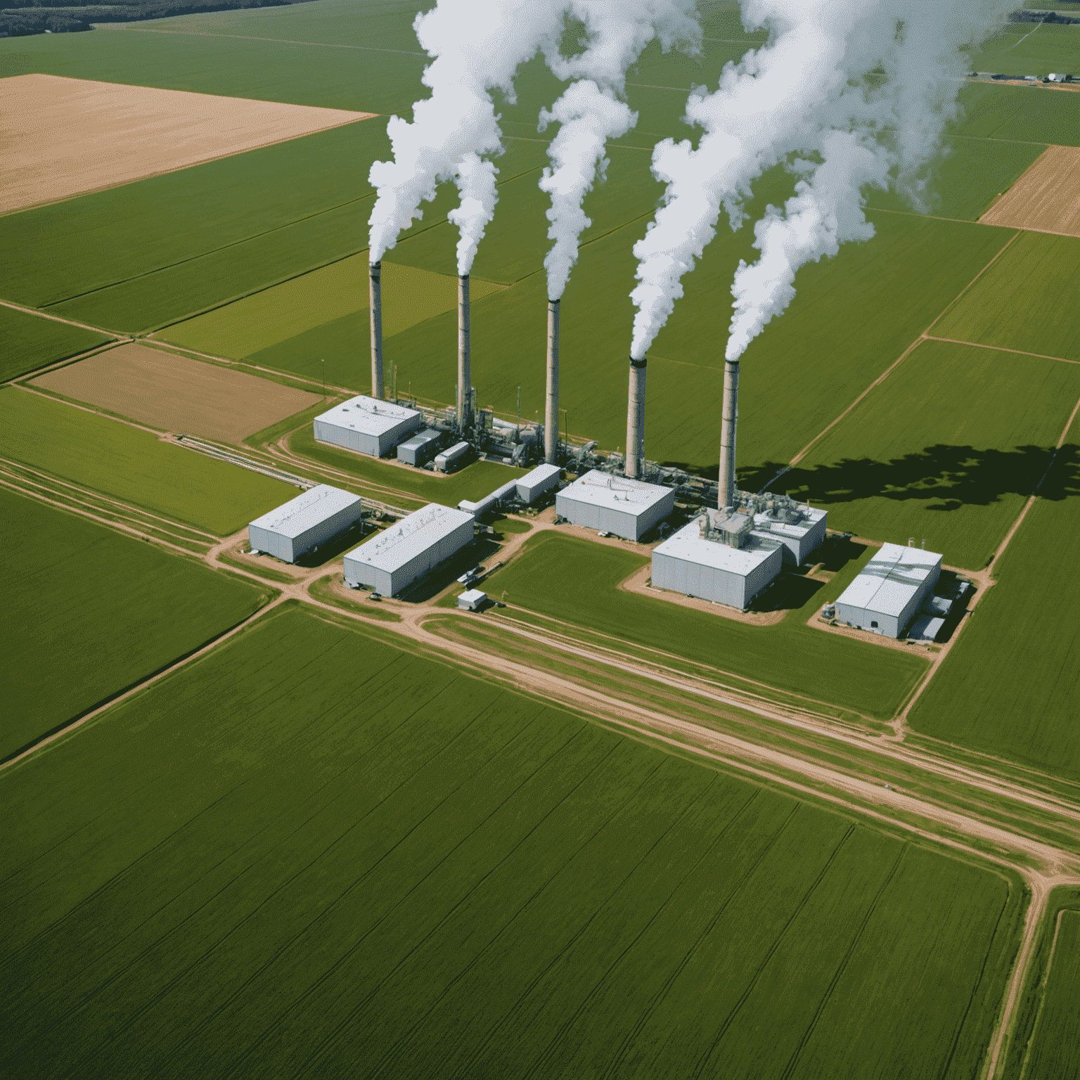 Aerial view of Canadian agricultural fields with geothermal energy installations, including heat exchangers and pipes running through crops