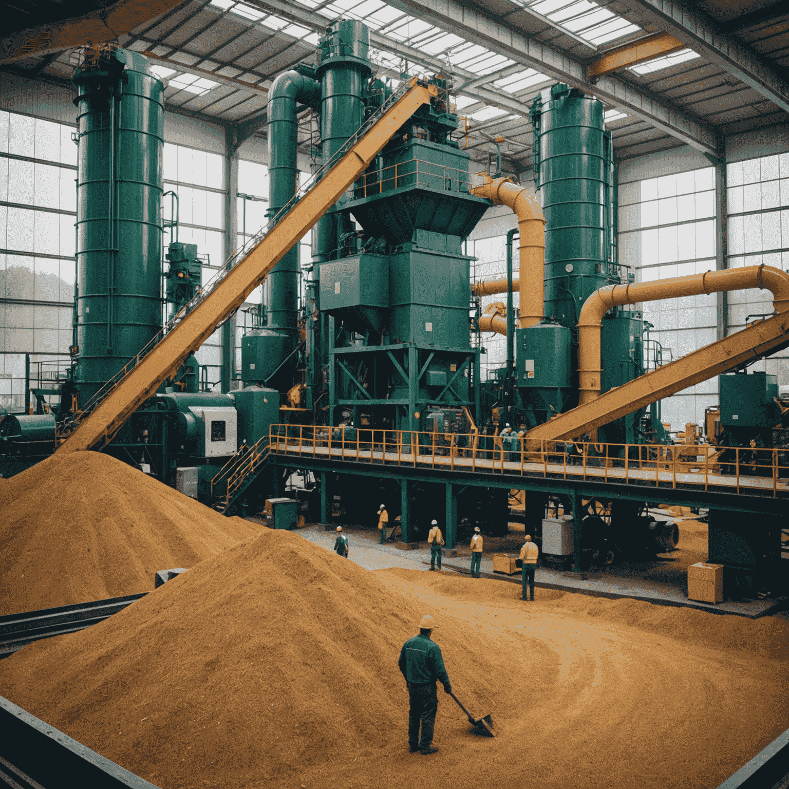 A large industrial facility with biomass processing equipment, surrounded by stacks of wood chips and other organic materials. In the foreground, workers are operating machinery to feed biomass into the system.