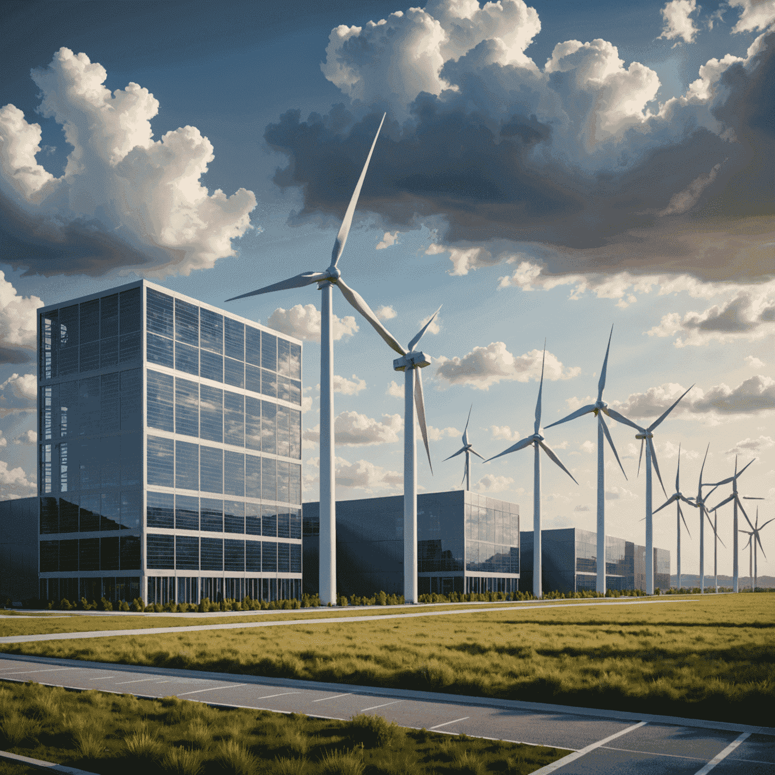 A cluster of wind turbines adjacent to a modern data center building, symbolizing renewable energy powering technology