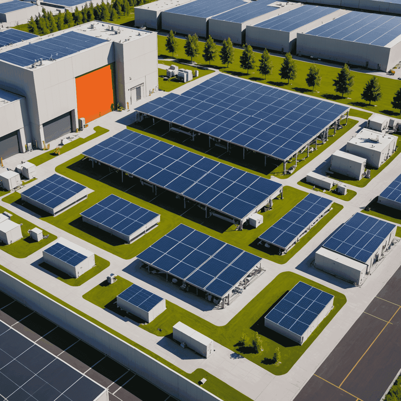 A diagram showing the integration of solar panels, energy storage systems, and manufacturing equipment in a modern Canadian factory