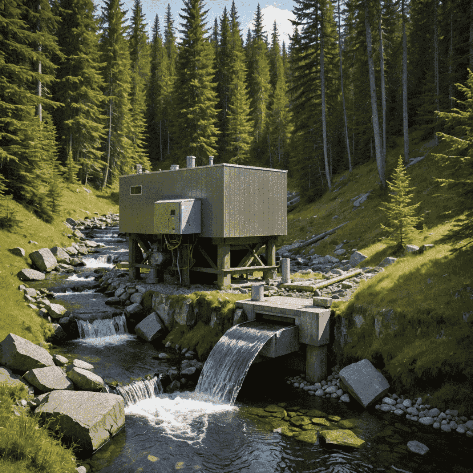 Compact micro-hydro system installed near a small stream, powering a remote industrial facility in the Canadian wilderness