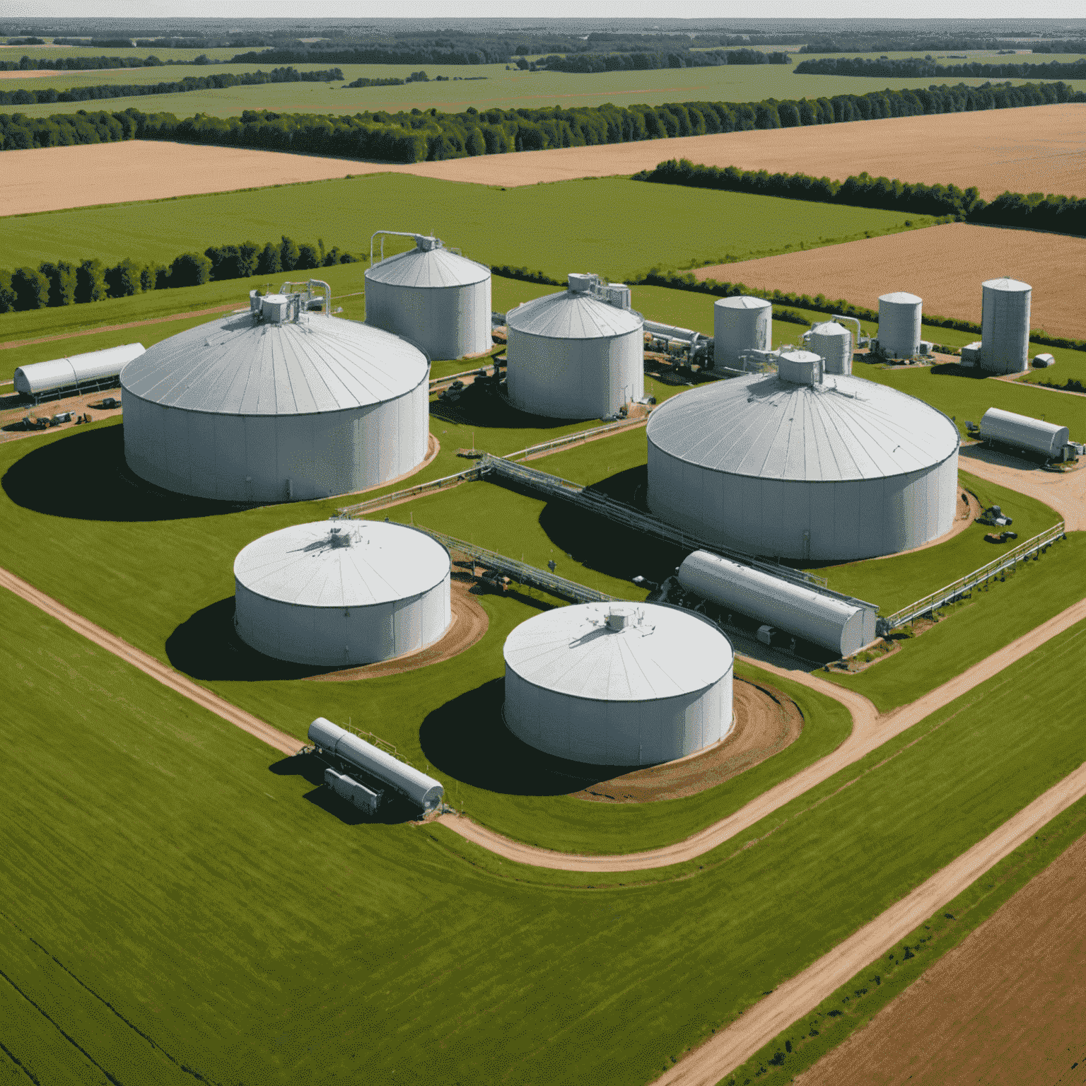 A modern anaerobic digester facility on a large Canadian farm, with silos and tanks visible. In the foreground, a farmer is inspecting the system while cows graze in nearby fields.