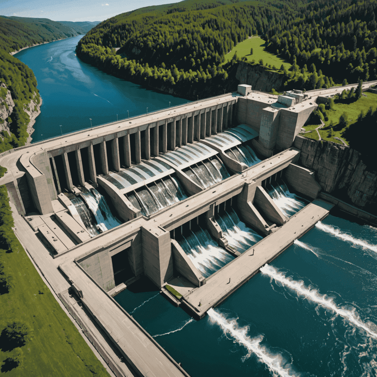 A state-of-the-art hydroelectric dam with advanced turbines visible, showcasing innovative design and efficiency