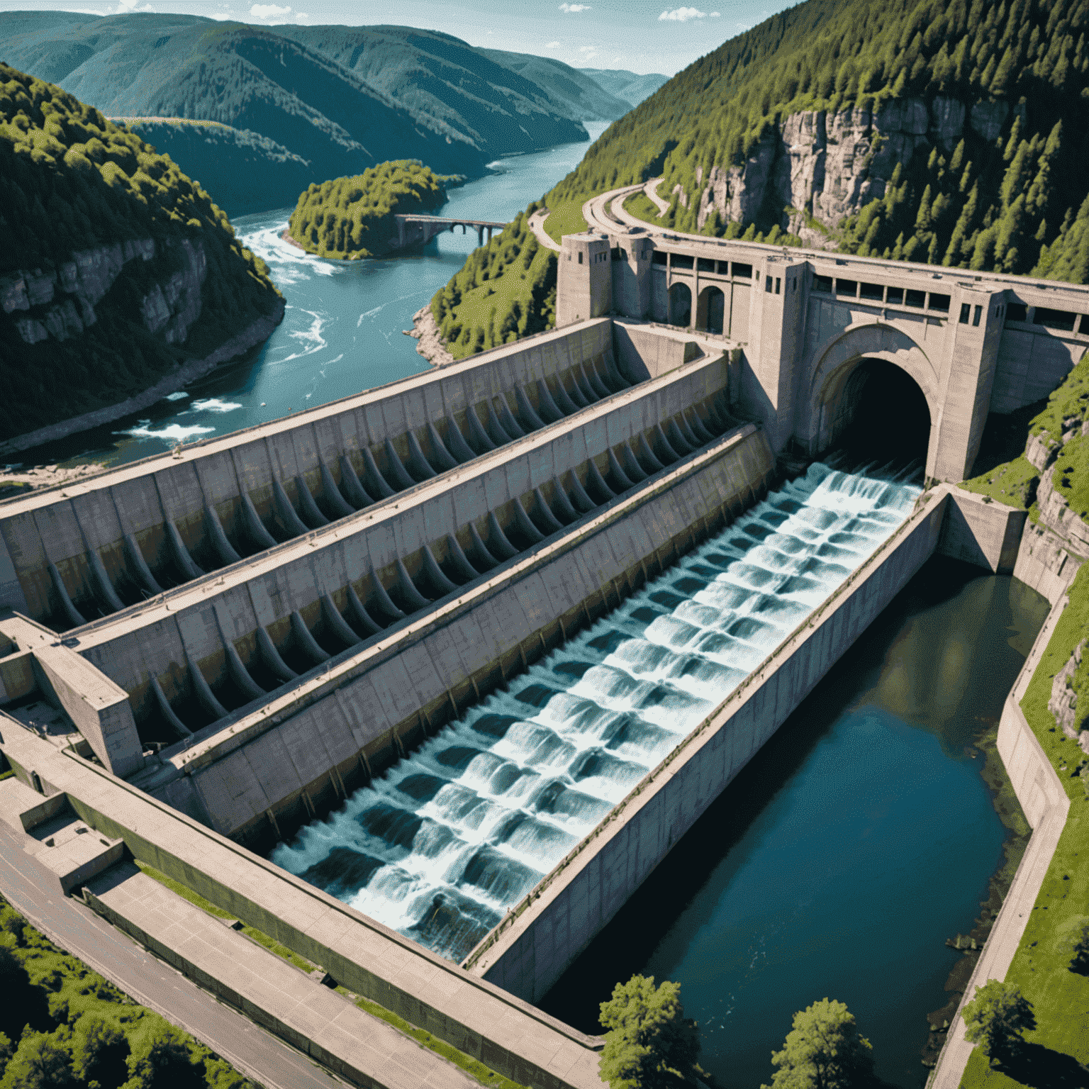 A state-of-the-art hydroelectric dam with advanced turbines visible, showcasing recent innovations in hydroelectric technology