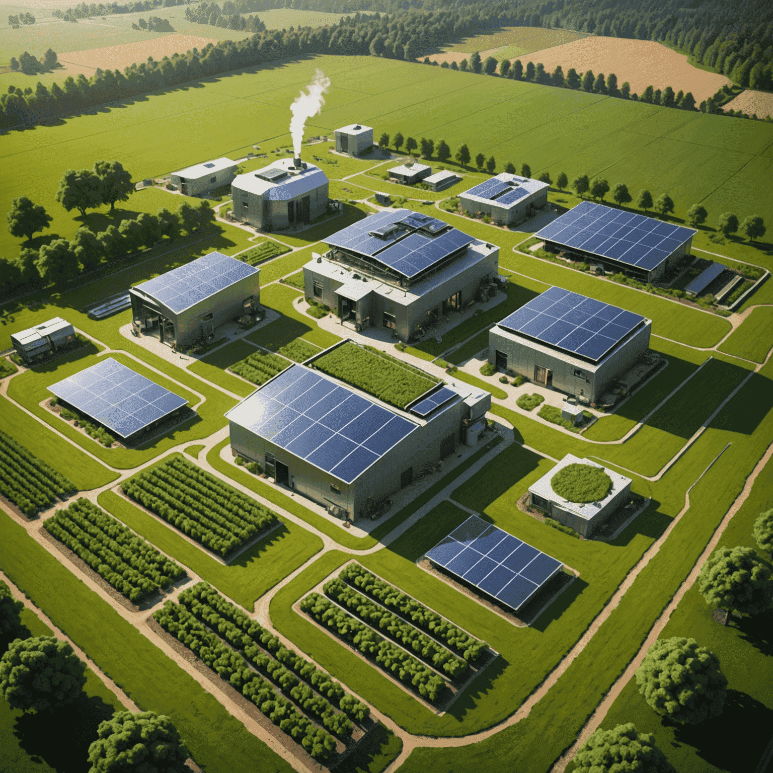 Futuristic farm layout showcasing integrated geothermal systems, solar panels, and advanced crop management technologies