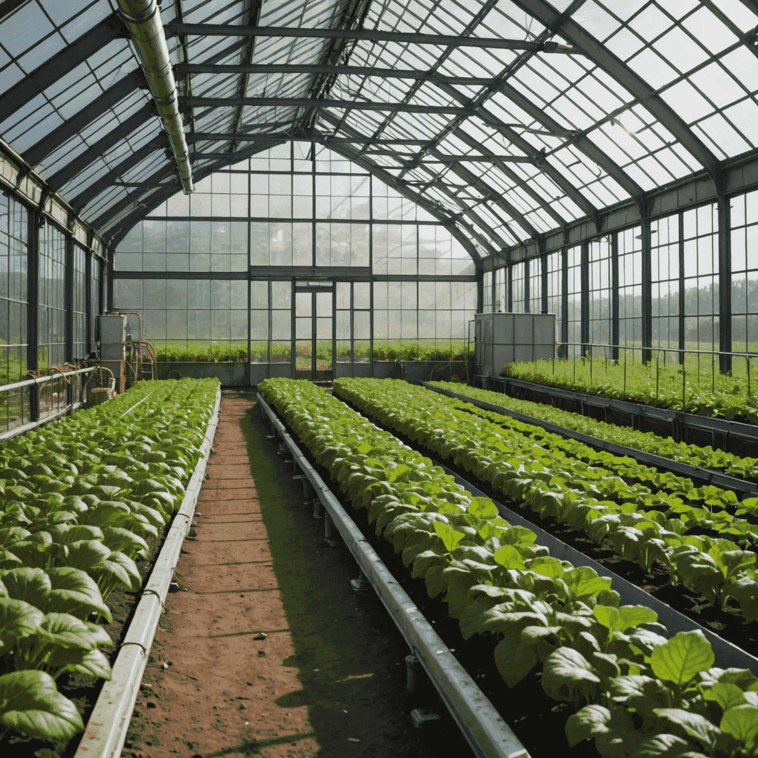 A large greenhouse utilizing geothermal energy, with pipes visible and lush crops growing inside