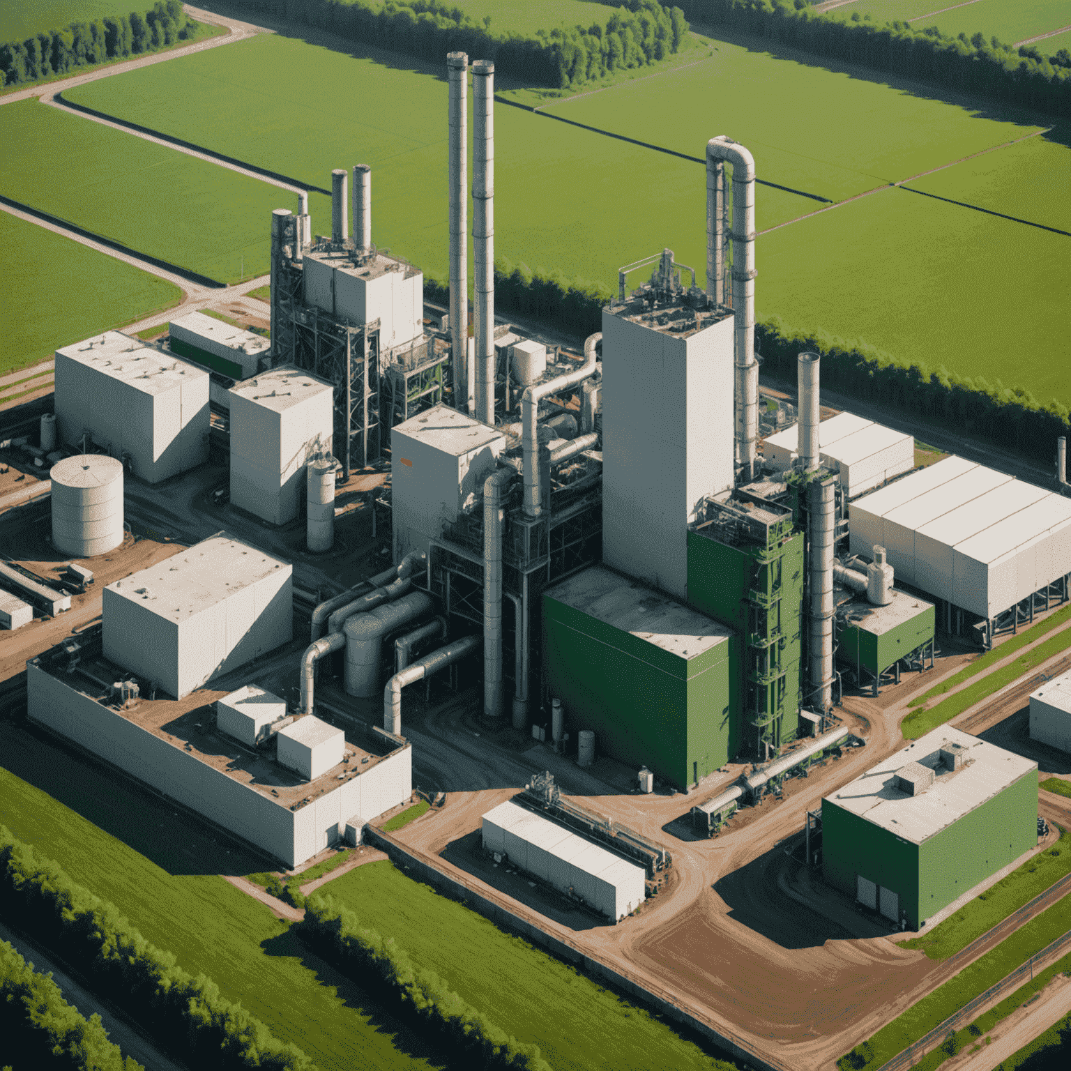 A modern biomass power plant with piles of organic material ready for processing, surrounded by a green industrial area